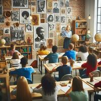 ai generado un educativo ajuste con diverso estudiantes de varios descensos aprendizaje acerca de negro historia foto