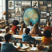 AI generated An educational setting with diverse students of various descents learning about Black history photo