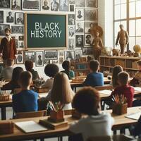 AI generated An educational setting with diverse students of various descents learning about Black history photo