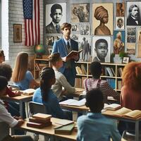 ai generado un educativo ajuste con diverso estudiantes de varios descensos aprendizaje acerca de negro historia foto