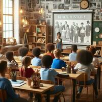 ai generado un educativo ajuste con diverso estudiantes de varios descensos aprendizaje acerca de negro historia foto