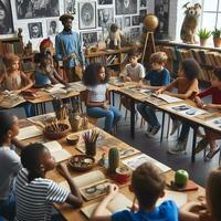 ai generado un educativo ajuste con diverso estudiantes de varios descensos aprendizaje acerca de negro historia foto