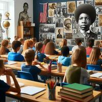 ai generado un educativo ajuste con diverso estudiantes de varios descensos aprendizaje acerca de negro historia foto