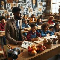 ai generado un educativo ajuste con diverso estudiantes de varios descensos aprendizaje acerca de negro historia foto