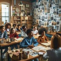 AI generated An educational setting with diverse students of various descents learning about Black history photo