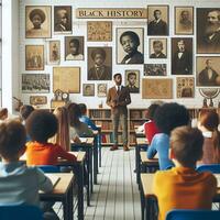 AI generated An educational setting with diverse students of various descents learning about Black history photo