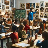 ai generado un educativo ajuste con diverso estudiantes de varios descensos aprendizaje acerca de negro historia foto