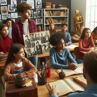 ai generado un educativo ajuste con diverso estudiantes de varios descensos aprendizaje acerca de negro historia foto