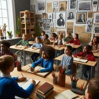 ai generado un educativo ajuste con diverso estudiantes de varios descensos aprendizaje acerca de negro historia foto