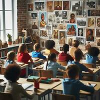 ai generado un educativo ajuste con diverso estudiantes de varios descensos aprendizaje acerca de negro historia foto