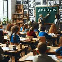 ai generado un educativo ajuste con diverso estudiantes de varios descensos aprendizaje acerca de negro historia foto