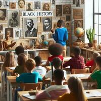 ai generado un educativo ajuste con diverso estudiantes de varios descensos aprendizaje acerca de negro historia foto