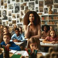 ai generado un educativo ajuste con diverso estudiantes de varios descensos aprendizaje acerca de negro historia foto