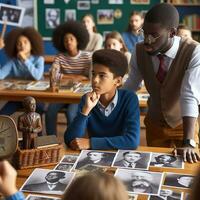 ai generado un educativo ajuste con diverso estudiantes de varios descensos aprendizaje acerca de negro historia foto