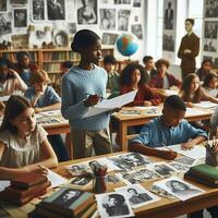 ai generado un educativo ajuste con diverso estudiantes de varios descensos aprendizaje acerca de negro historia foto