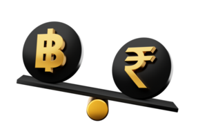 3d Golden Baht And Rupee Symbol On Rounded Black Icons With 3d Balance Weight Seesaw 3d illustration png