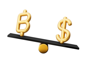 3d Golden Baht And Dollar Symbol Icons With 3d Black Balance Weight Seesaw, 3d illustration png