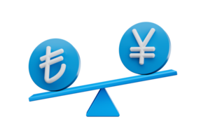 3d Weiß Lira und Yen Symbol auf gerundet Blau Symbole mit 3d Balance Gewicht Wippe, 3d Illustration png