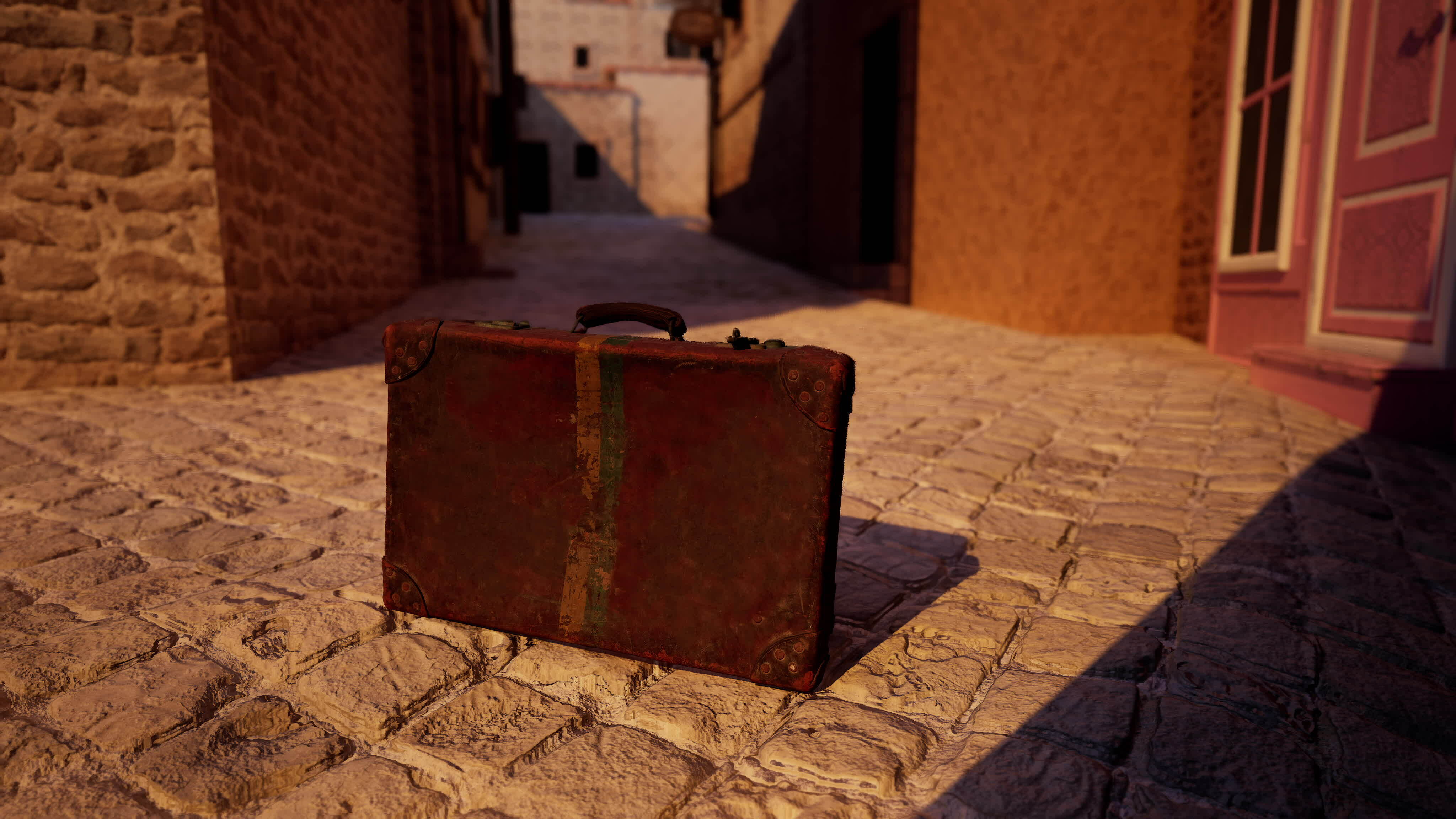 A piece of luggage sitting on a cobblestone street 35137307 Stock Video
