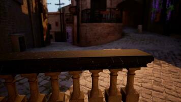 A close up of a railing with a brick building in the background video