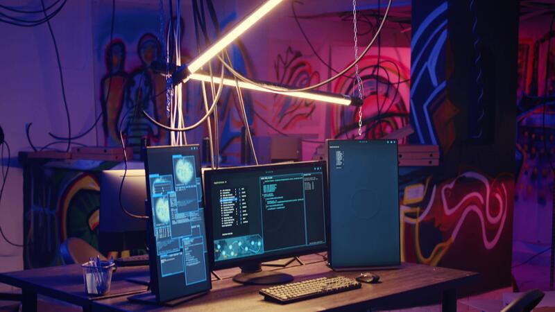 Jib down shot of abandoned basement with graffiti drawings on walls and ...