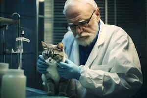 ai generado blanco barbado mayor hombre veterinario médico en blanco Saco y médico guantes examina gris a rayas gato en veterinario clínica cuidado y amor mascotas foto