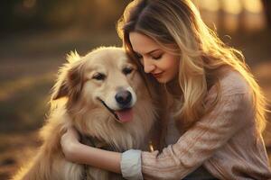 ai generado joven rubia mujer abrazando jengibre perro Labrador perdiguero caminando en otoño parque mascota amor y adopción nacional abrazando día foto