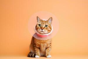 AI generated Ginger cat in protective veterinary collar on an orange background treatment and care for pets after surgery copy space photo