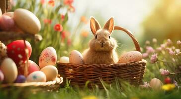AI generated View of a Rabbit sitting in a basket with many colorful Easter eggs photo