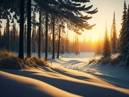 AI generated Sunset in the wood between the trees strains in winter period. Sunset in the forest photo