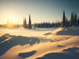 ai generado puesta de sol en el madera Entre el arboles son en invierno período. puesta de sol en el bosque foto