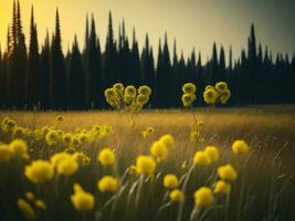 ai generado brillante campos de invierno suave atención puesta de sol prado con amarillo flores de la naturaleza abarcar. un sinfonía de colores calentar invierno puesta de sol prado con resumen suave atención naturaleza armonía. foto