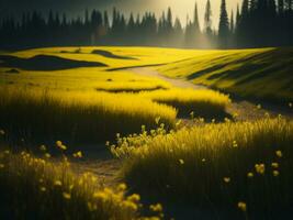 AI generated Glowing Fields of Winter Soft Focus Sunset Meadow with Yellow Flowers Nature's Embrace. A Symphony of Colors Warm Winter Sunset Meadow with Abstract Soft Focus Nature Harmony. photo