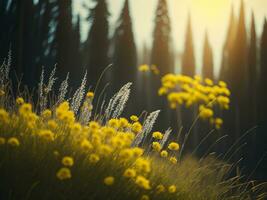 ai generado brillante campos de invierno suave atención puesta de sol prado con amarillo flores de la naturaleza abarcar. un sinfonía de colores calentar invierno puesta de sol prado con resumen suave atención naturaleza armonía. foto