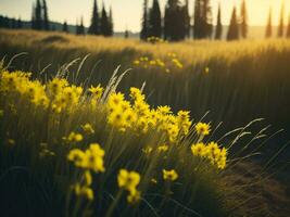 AI generated Glowing Fields of Winter Soft Focus Sunset Meadow with Yellow Flowers Nature's Embrace. A Symphony of Colors Warm Winter Sunset Meadow with Abstract Soft Focus Nature Harmony. photo