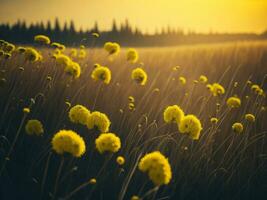 ai generado brillante campos de invierno suave atención puesta de sol prado con amarillo flores de la naturaleza abarcar. un sinfonía de colores calentar invierno puesta de sol prado con resumen suave atención naturaleza armonía. foto