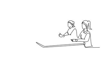 Animated self drawing of continuous line draw of young male and female sales managers meeting to discuss company goal target at the office. Sales marketing strategy. Full length single line animation video