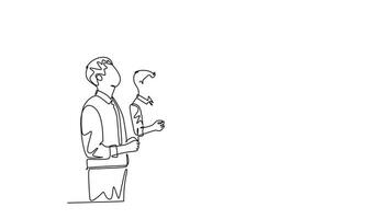 Self drawing animation of single line draw young happy manager giving presentation about increasing product sales to his team at the office. Group meeting. Continuous line draw. Full length animated video