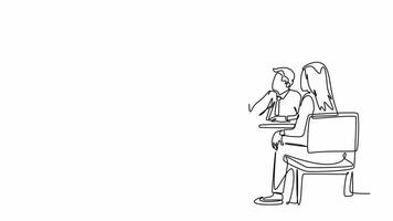 Self drawing animation of single line draw of happy trainer teaching life skill and interpersonal skill lessons to young CEOs. Business training and meeting. Continuous line draw. Full length animated video