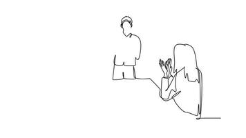 Self drawing animation single line draw young happy manager giving interpersonal skill lesson at team meeting in the office. Business presentation concept. Continuous line draw. Full length animated video
