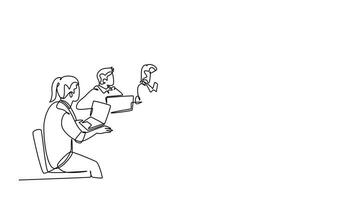 Animated self drawing of continuous line draw of young attractive happy trainer giving life skill lesson to the class member. Business training and presentation concept. Full length one line animation video