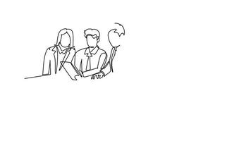 Animated self drawing of continuous line draw young male presenter presenting business strategy to increase sales during office meeting. Business plan group discussion. Full length one line animation video