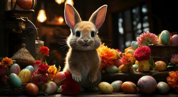 ai generado ver de un hermosa Conejo en pie y algunos vistoso Pascua de Resurrección huevos siguiente a eso foto