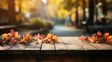 AI generated Empty wooden table with fallen leaves for cooking or food background in the country theme. Outdoor model for product display. Generate AI photo