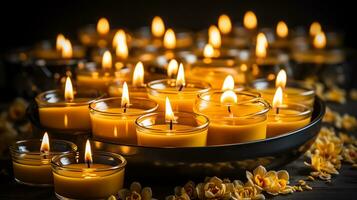 AI generated Many burning candles in the dark. yellow candles on a black background. Generate AI photo