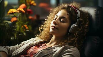 AI generated Quiet young woman wearing headphones listening to music with eyes closed, leaning back on a comfortable sofa at home. enjoying her favorite songs. Generate AI photo