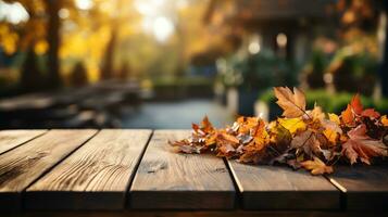 AI generated Empty wooden table with fallen leaves for cooking or food background in the country theme. Outdoor model for product display. Generate AI photo