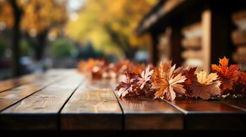 AI generated Empty wooden table with fallen leaves for cooking or food background in the country theme. Outdoor model for product display. Generate AI photo