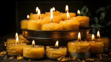 AI generated Many burning candles in the dark. yellow candles on a black background. Generate AI photo