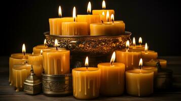 AI generated Many burning candles in the dark. yellow candles on a black background. Generate AI photo